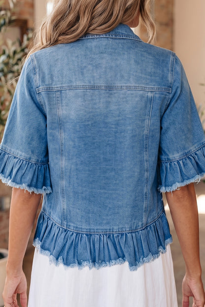 Ruffle Trim Raw Hem Half Sleeve Cropped Denim Jacket