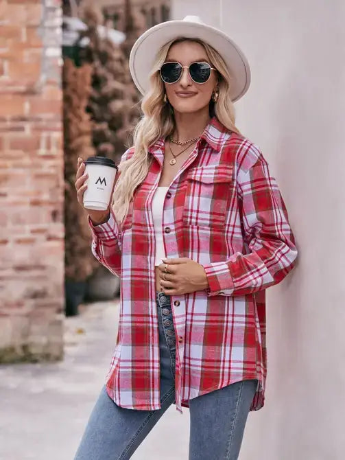 Women’s Caramel Plaid Oversized Flannel Button Down Shirt