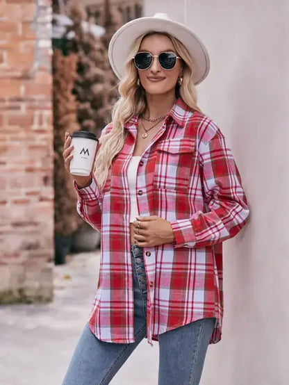 Women’s Caramel Plaid Oversized Flannel Button Down Shirt