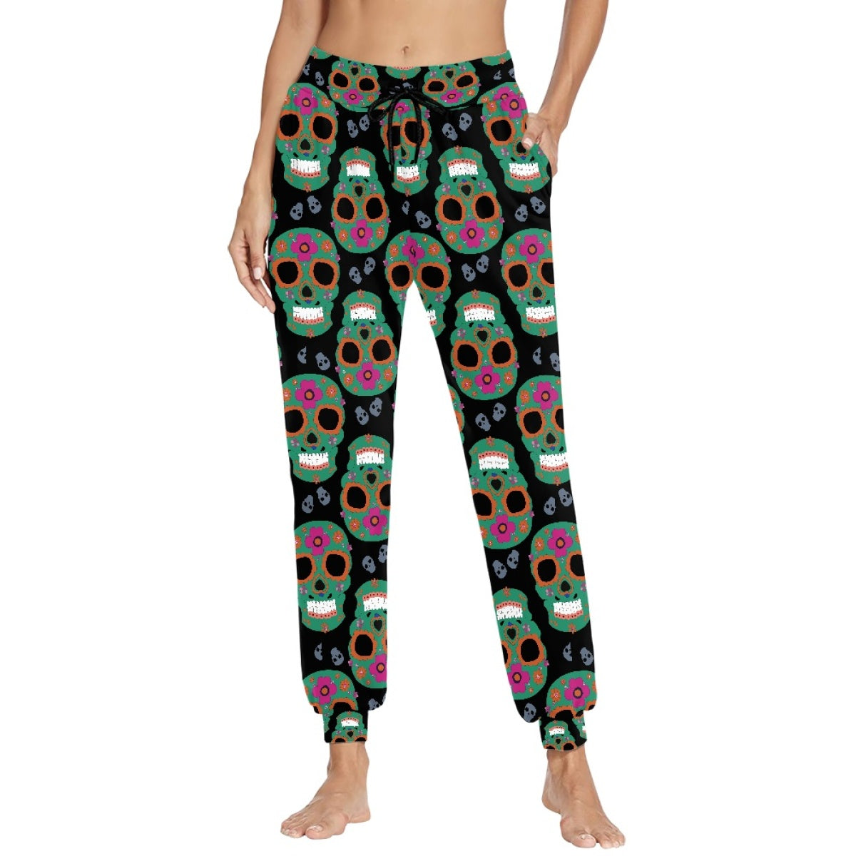 Colorblocked Floral Skull Adult Drawstring Pants