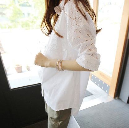 Women's Eyelet Cotton Blouse Plus Size Long Sleeve
