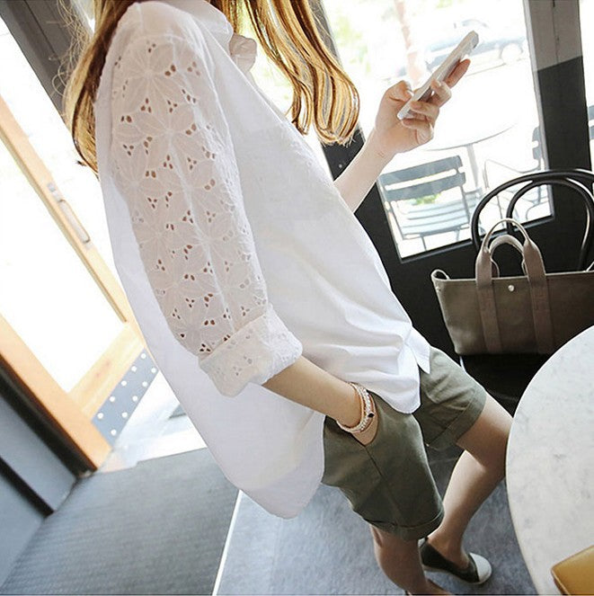 Women's Eyelet Cotton Blouse Plus Size Long Sleeve