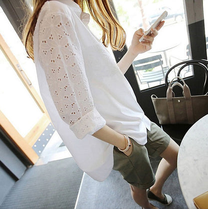 Women's Eyelet Cotton Blouse Plus Size Long Sleeve