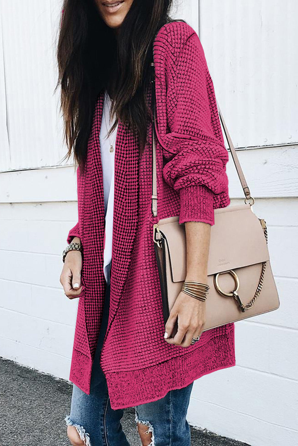 Black Plaid Knitted Long Open Front Cardigan