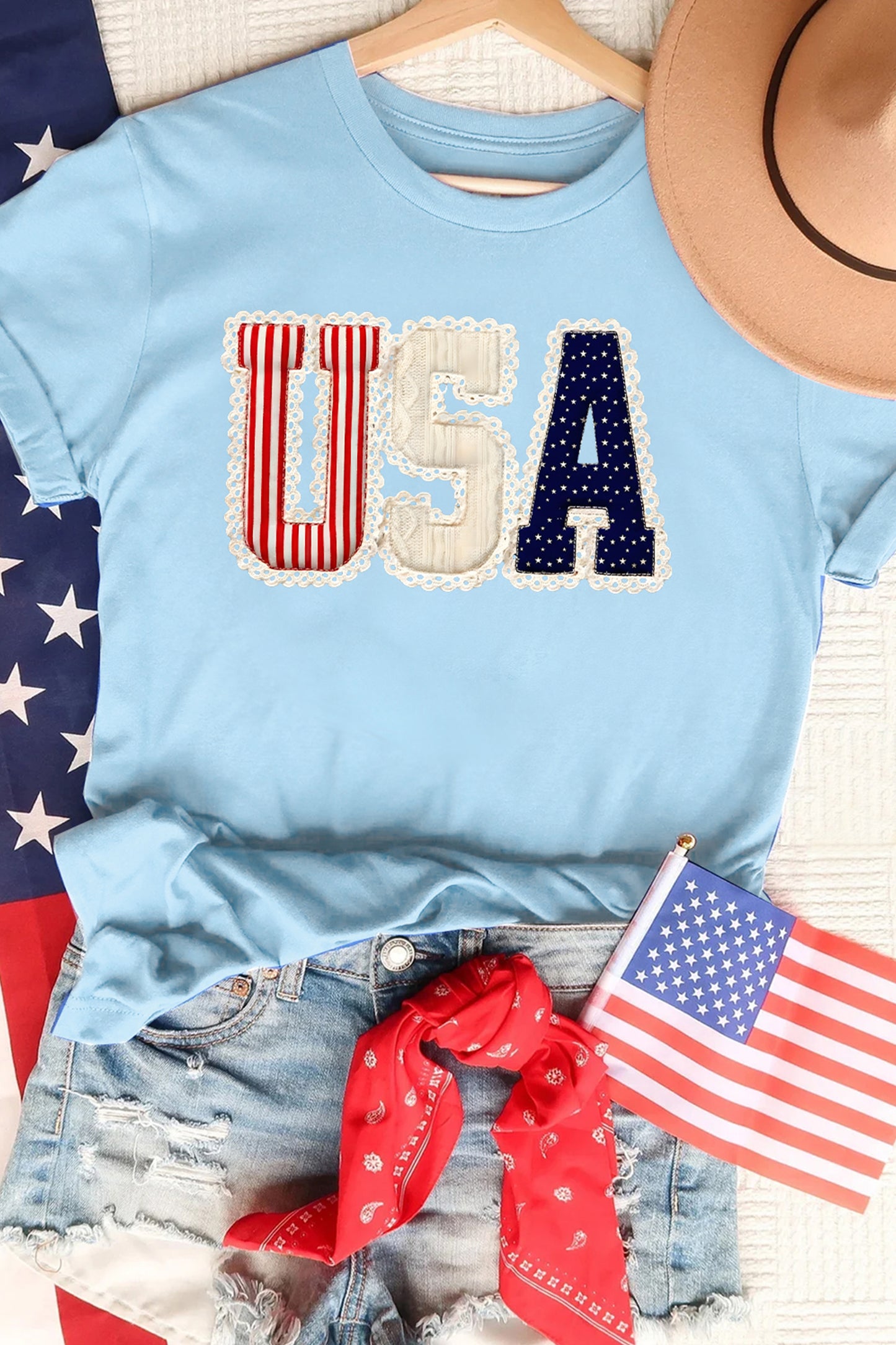 Light Blue USA Patchwork Tee Flag Day Independence