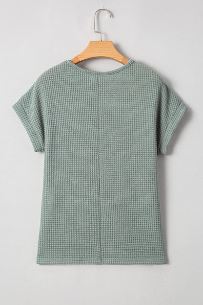 Mist Green Lace Patchwork Waffle Knit Summer Top