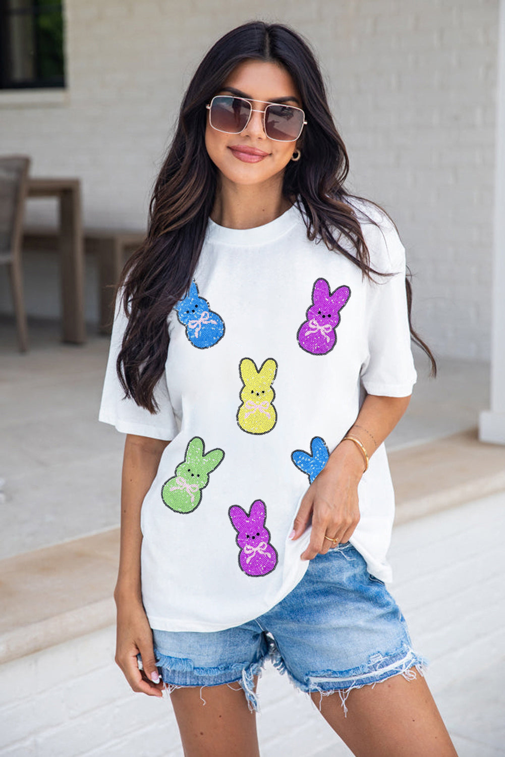 Easter Colorful Sequin Bunny Graphic White Casual Tee