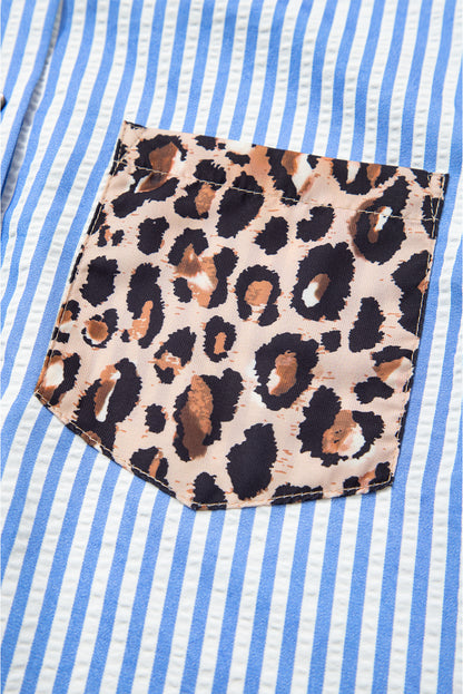 Black Striped Leopard Print Patchwork Button Up Womens Shirt
