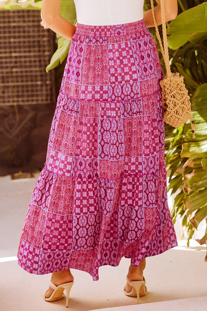 Paisley Print Tiered Maxi Skirt with Pockets