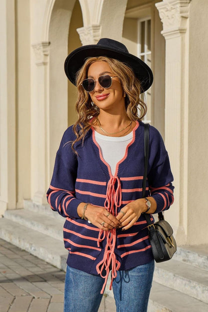 Striped Tie-Front Cardigan – Loose Fit Contrast Knit Top