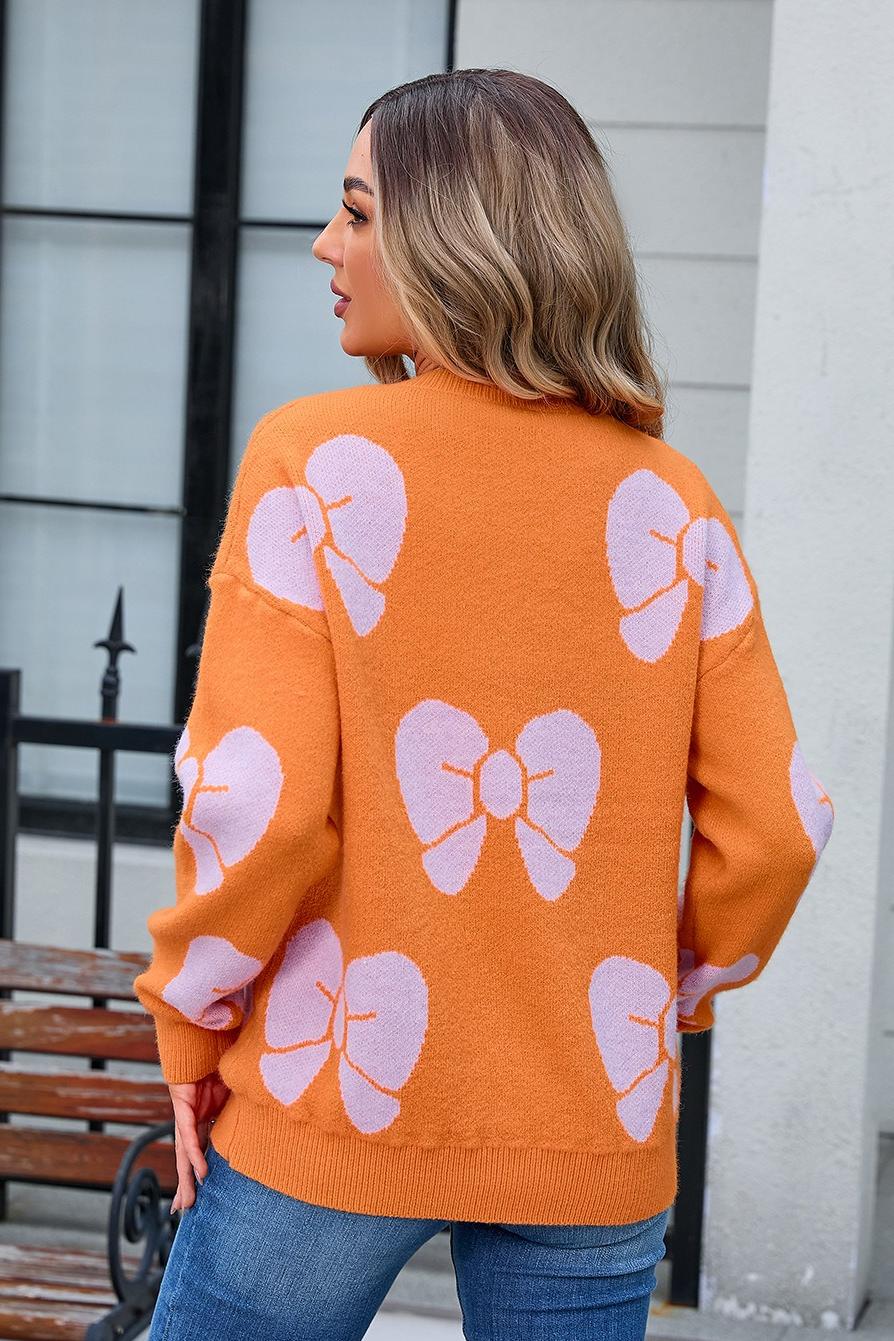 Oversized Bow Knit Sweater - Pink Pullover for Women