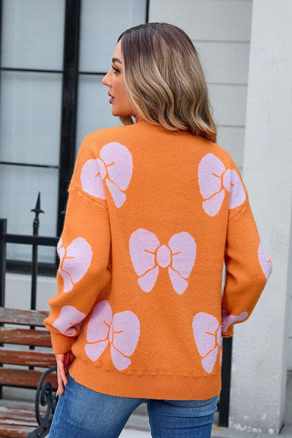 Oversized Bow Knit Sweater - Pink Pullover for Women