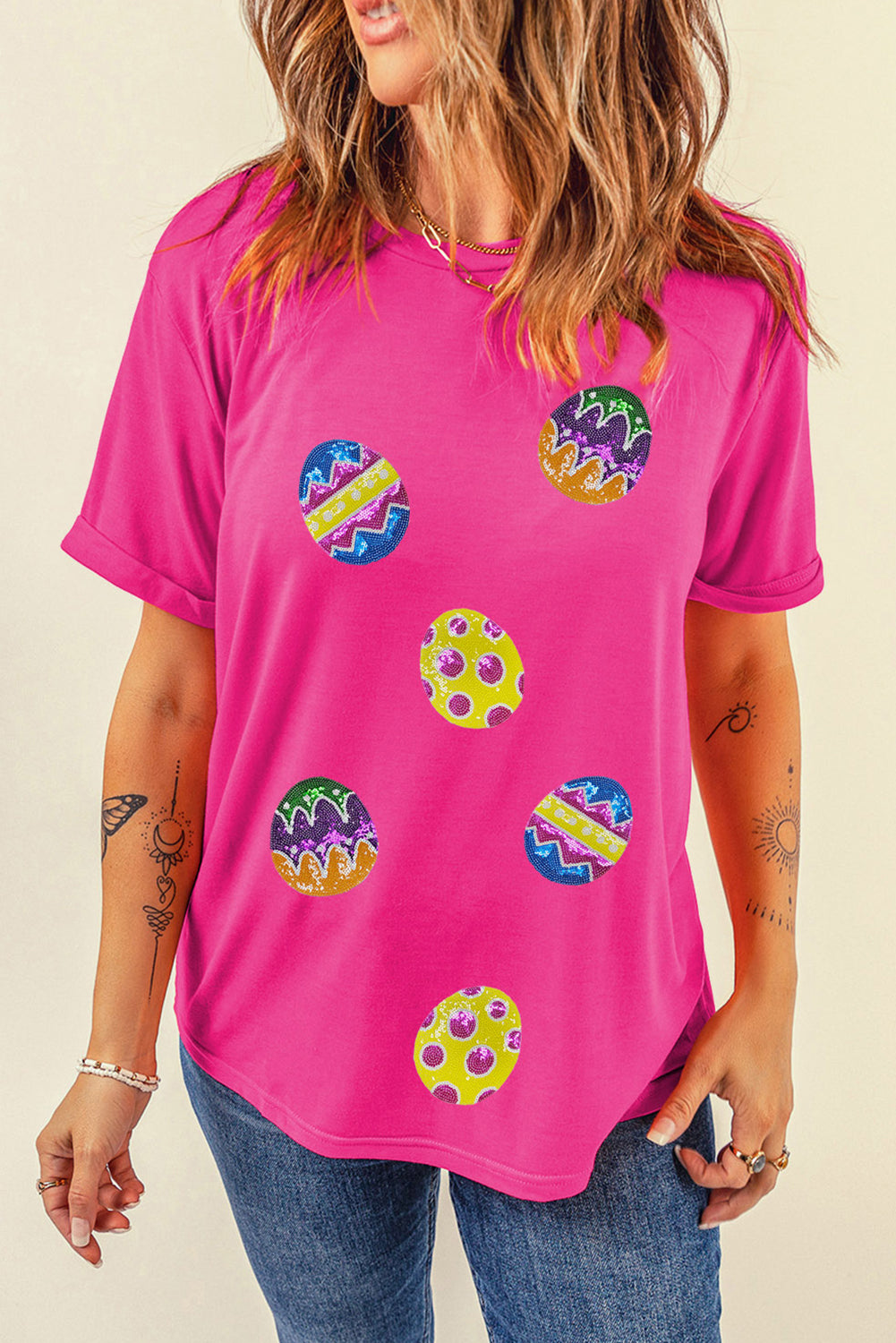 Rose Red Easter Egg Patch Graphic Crew Neck Tee