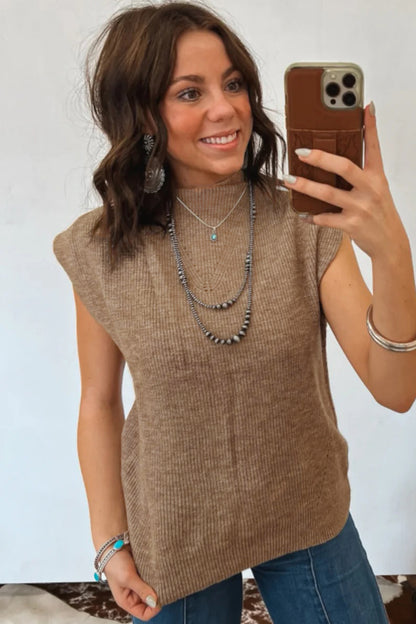 Western Ribbed Knit Mock Neck Sleeveless Sweater Top