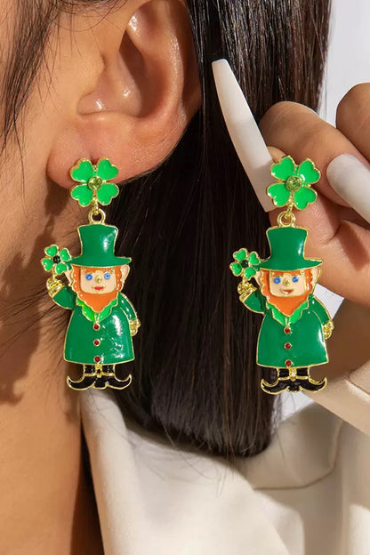 St. Patrick’s Green Leprechaun Clover Enamel Drop Earrings