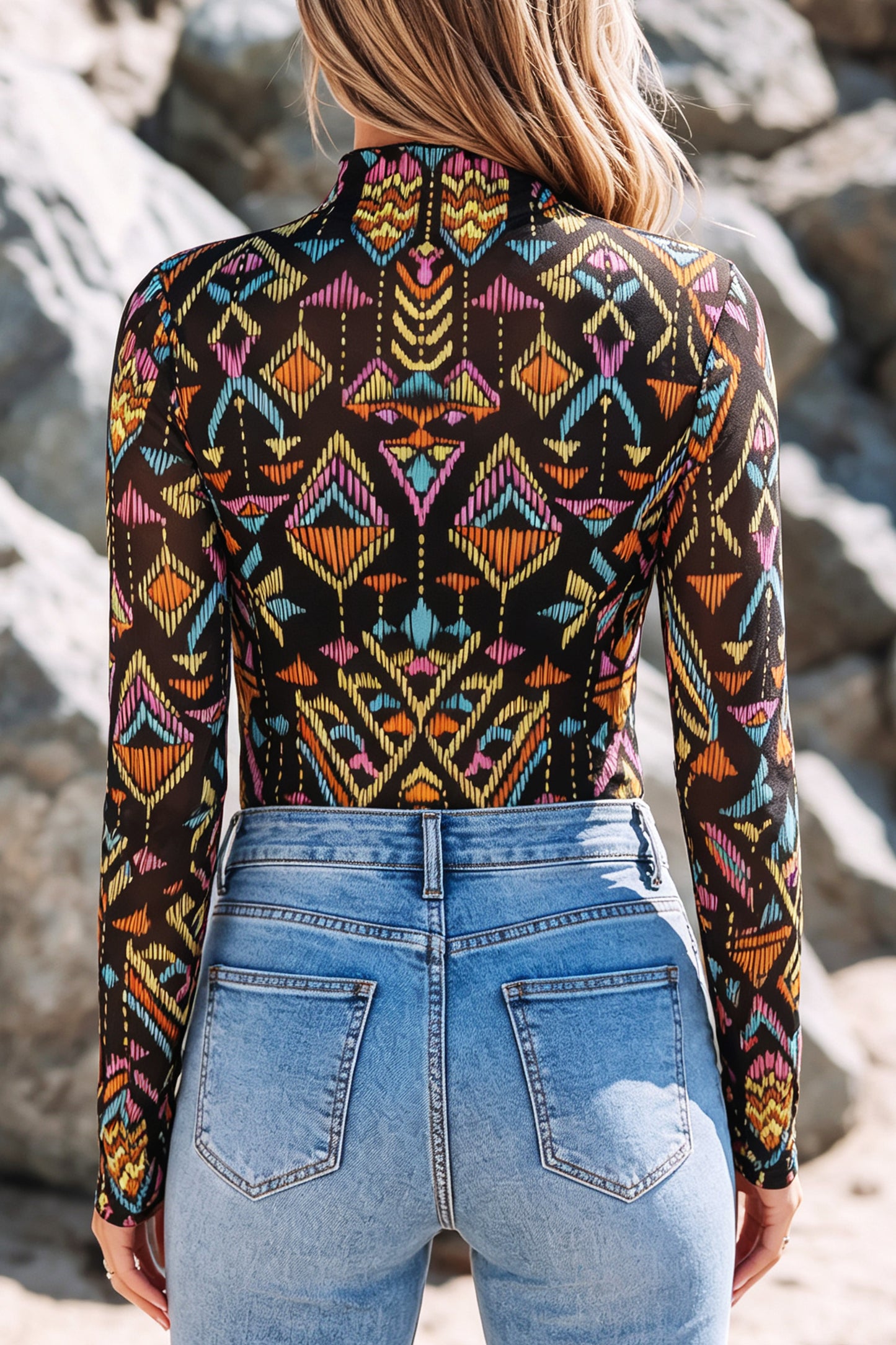 Abstract Print Mock Neck Mesh Long Sleeve Top