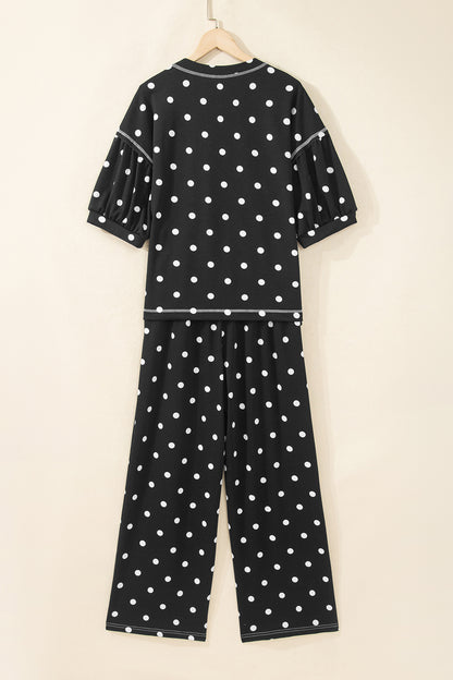 Polka Dot Puff Sleeve Wide Leg Two Piece Pants Set