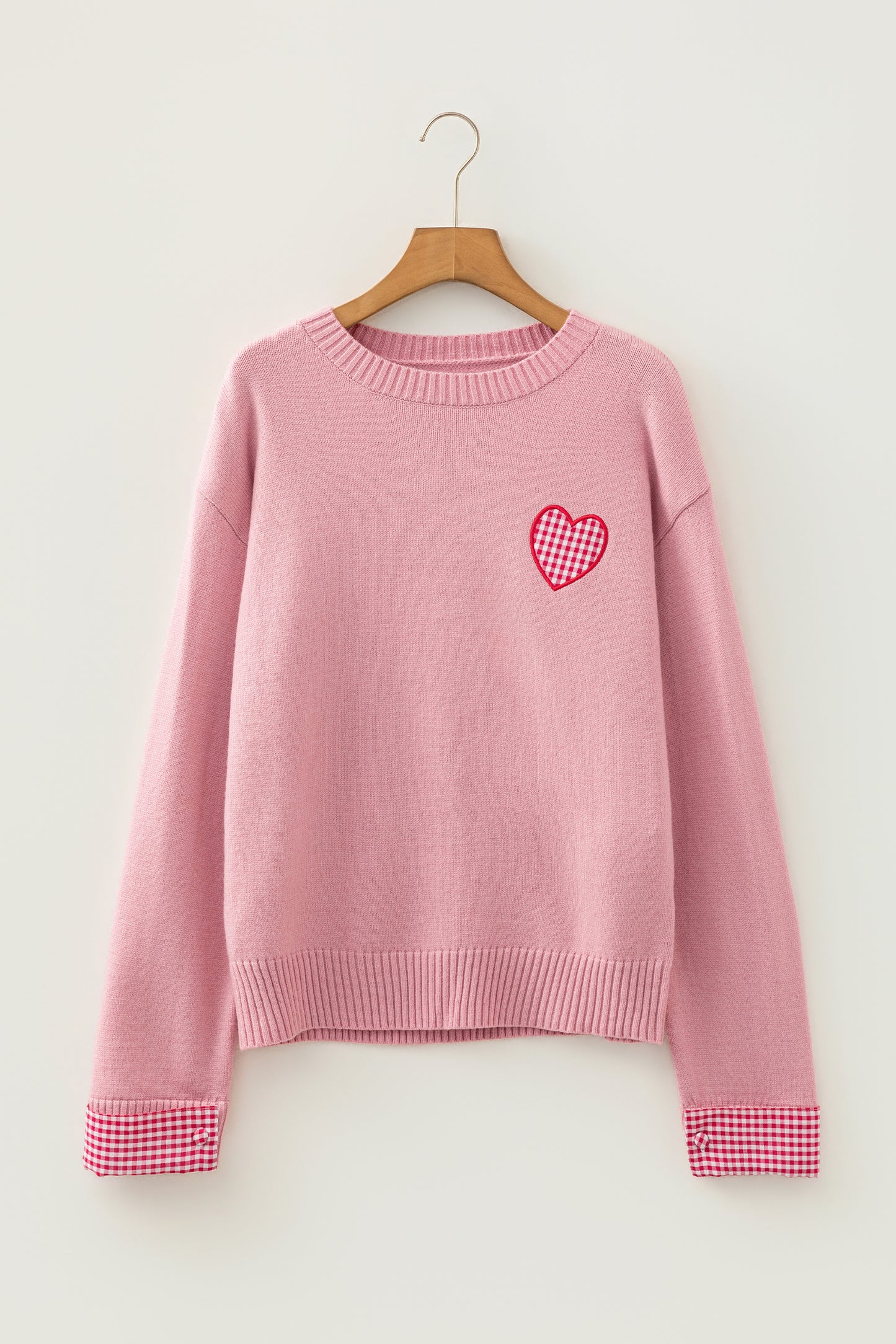 Valentine’s Day Light Pink Plaid Heart Crewneck Sweater