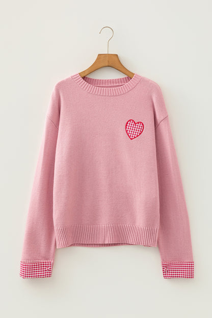 Valentine’s Day Light Pink Plaid Heart Crewneck Sweater