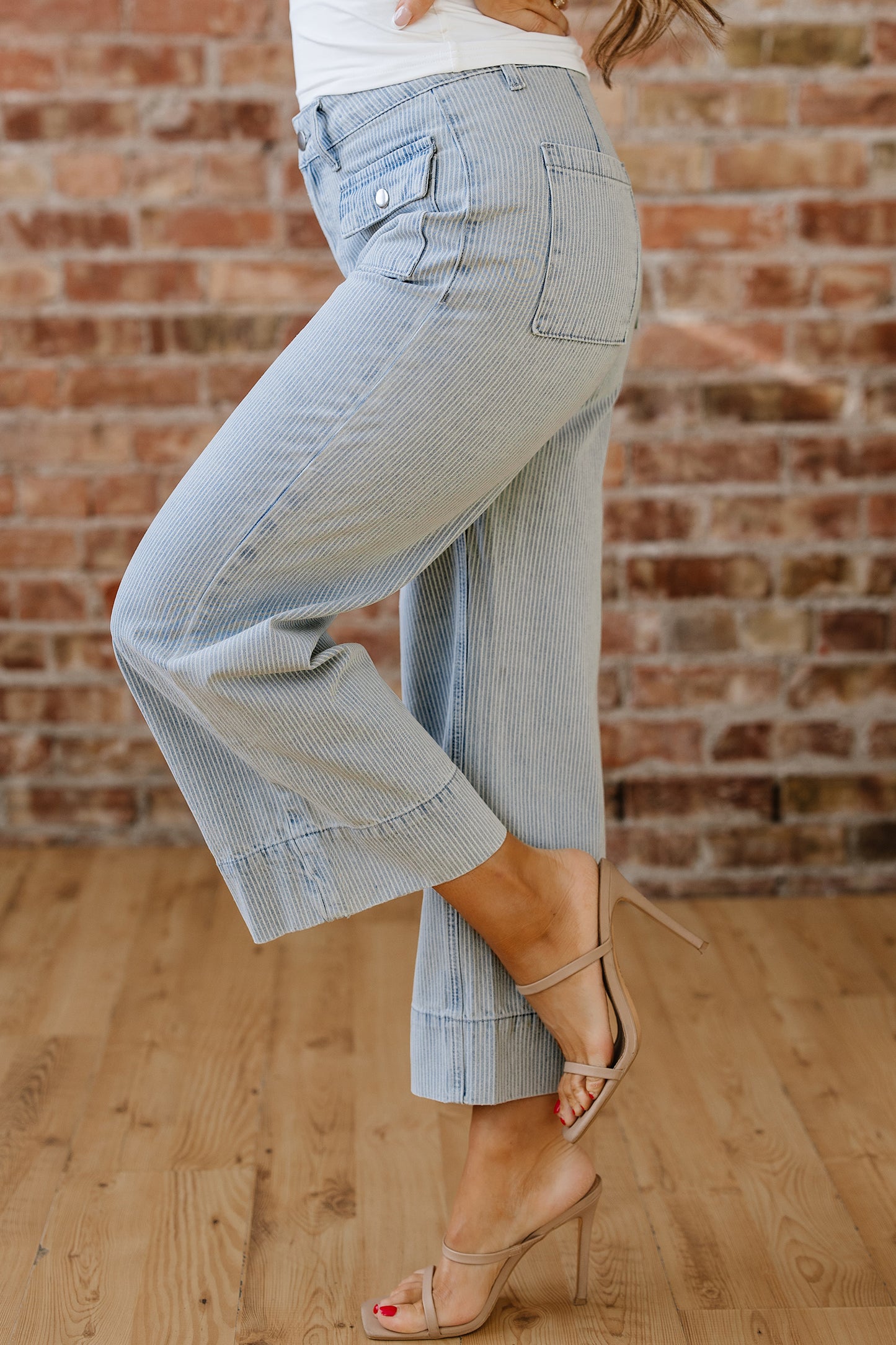 Sky Blue Pinstripe Wide Leg Jeans with Button Flap Pockets
