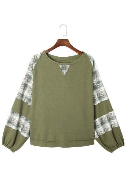 Green Plaid Patch Waffle Knit Exposed Seam Bubble Sleeve Top