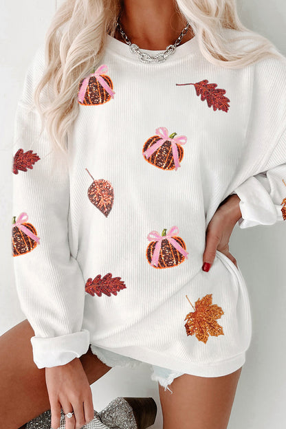 Sequin Pumpkin Leaf Corded Ribbed Oversized Sweatshirt