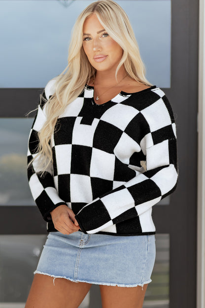 Women's Checkered Knit Sweater with Notched Neck