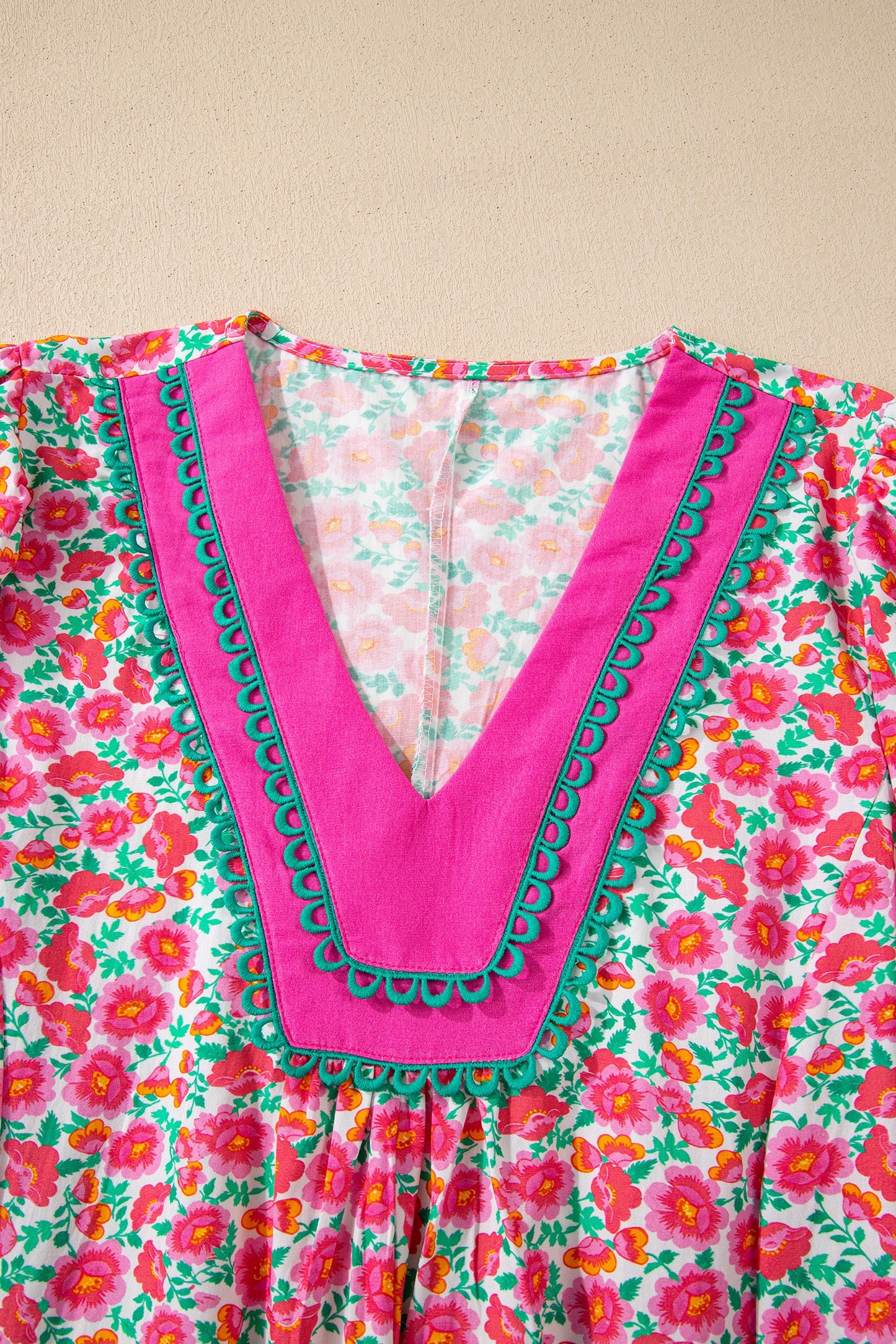 Pink Floral V Neck Puff Sleeve Mini Dress