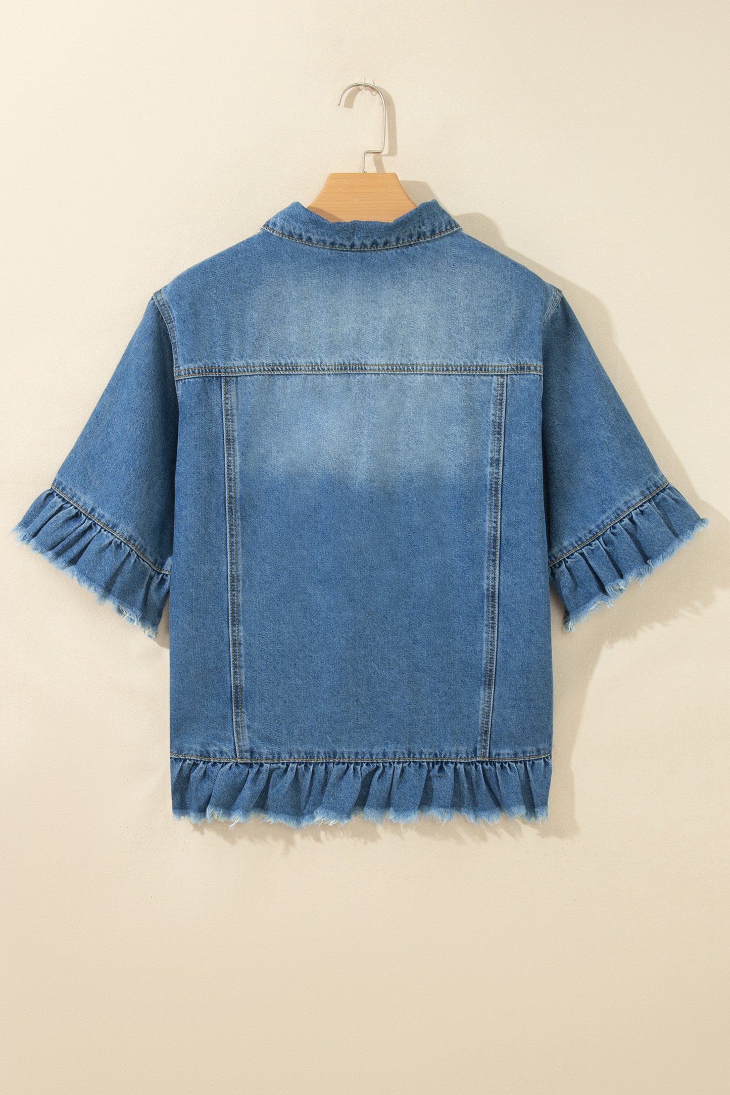 Ruffle Trim Raw Hem Half Sleeve Cropped Denim Jacket