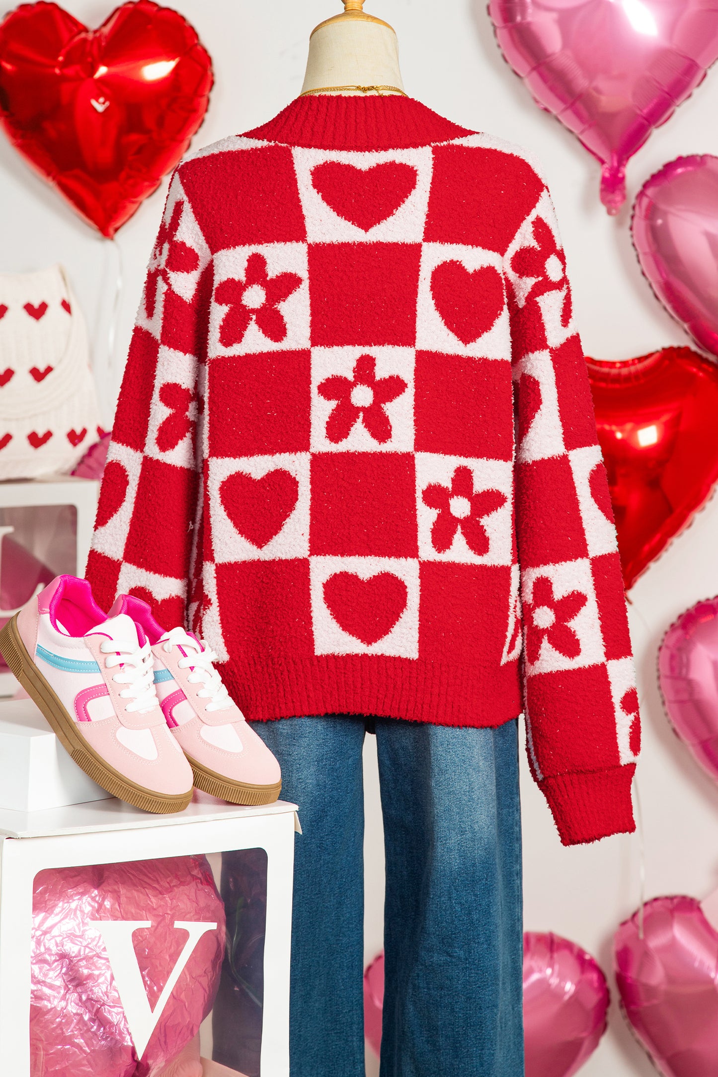 Red Checkered Heart Flower V Neck Knit Sweater for Women