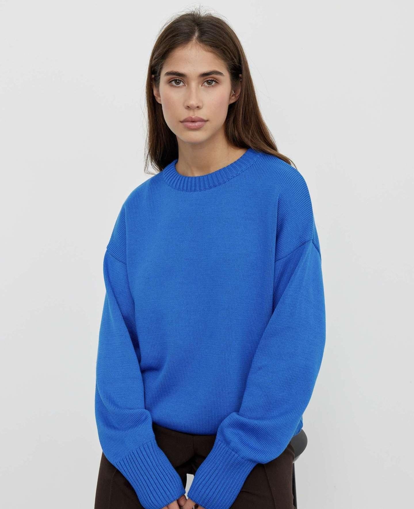 Cozy Solid Crewneck Knit Sweater for Women Fall Winter