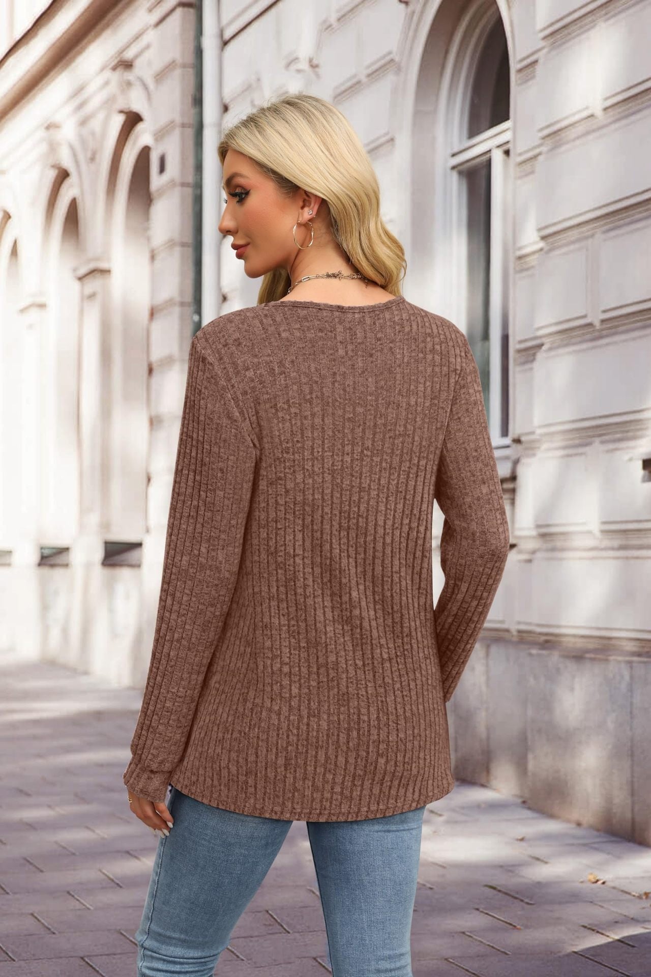 Ribbed V-Neck Button Knit Long Sleeve Pullover