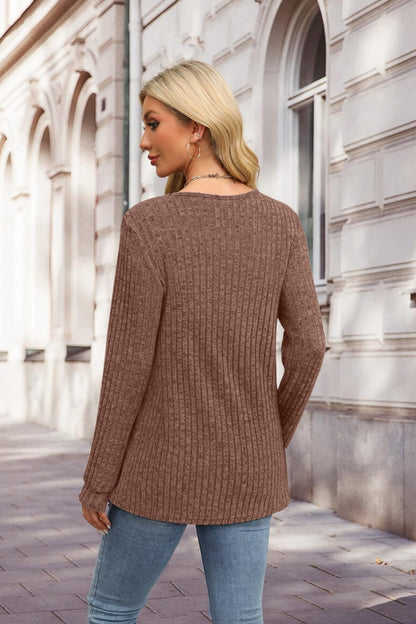 Ribbed V-Neck Button Knit Long Sleeve Pullover
