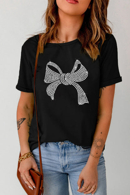 Valentines Black Rhinestone Bowknot Graphic Crewneck T Shirt