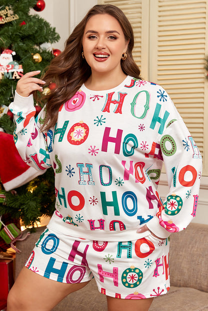 White Plus Size HO HO HO Christmas Print 2pc Lounge Set