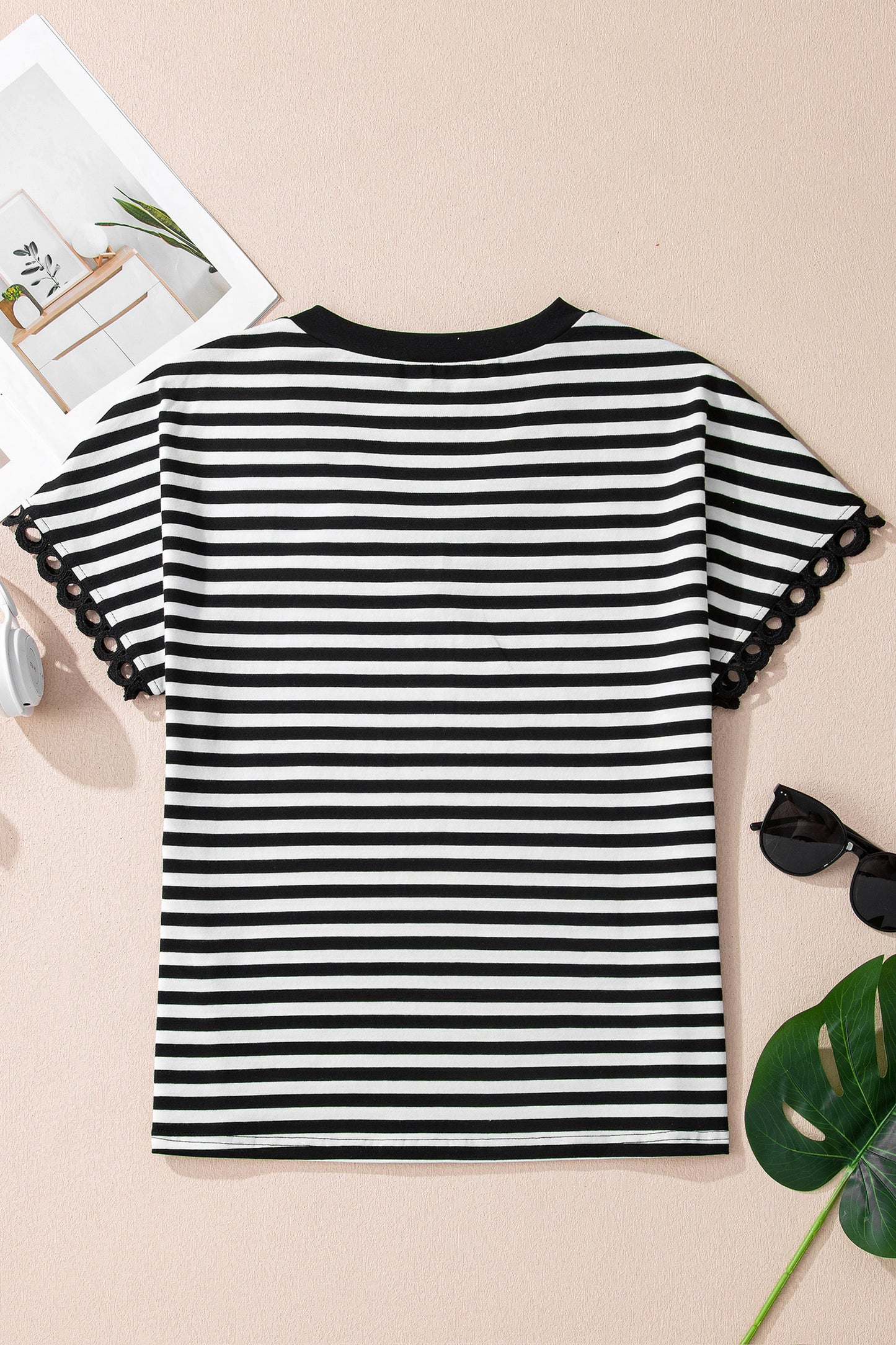 Black Stripe V Neck Lace Trim Casual Tee Top