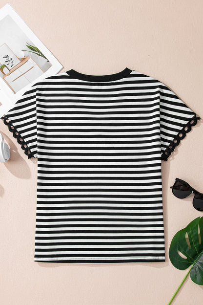 Black Stripe V Neck Lace Trim Casual Tee Top