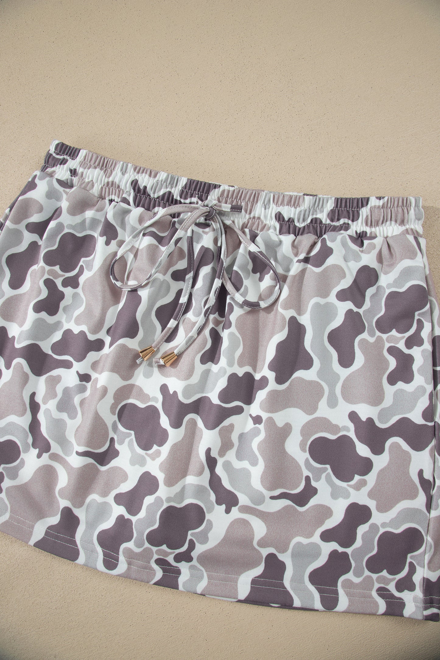 Khaki Western Camo Print Drawstring Mini Skort with Pockets
