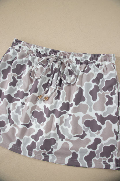 Khaki Western Camo Print Drawstring Mini Skort with Pockets