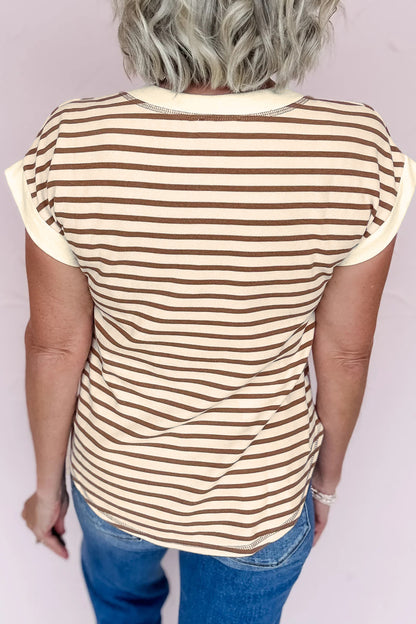 Red Striped Henley Short Sleeve Knit T-Shirt Top