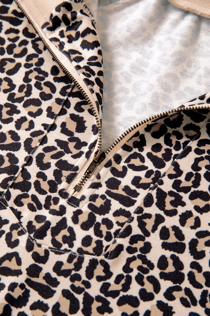 Women’s Leopard Print Half Zip Stripe Trim Top