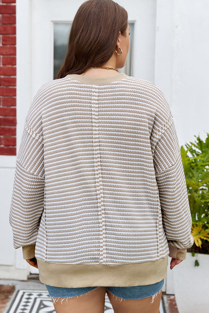 Plus Size Brown Stripe Knit Long Sleeve Ribbed Top