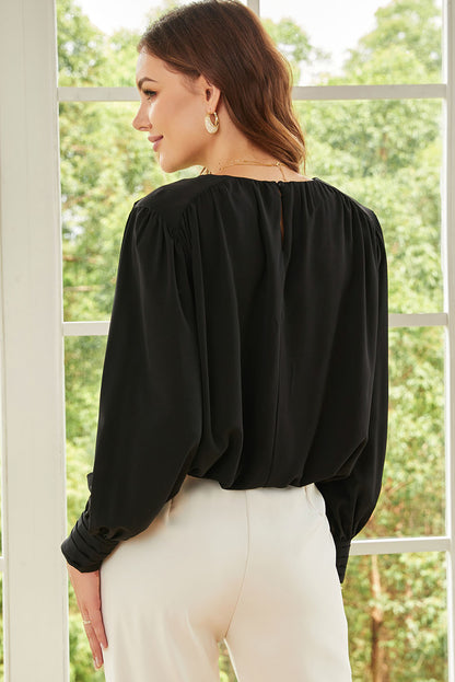 Black Padded Shoulder Buttoned Cuffs Pleated Loose Blouse