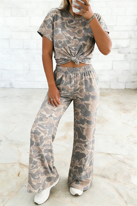 Camo Print Tee and Wide Leg Pants Two Piece Set