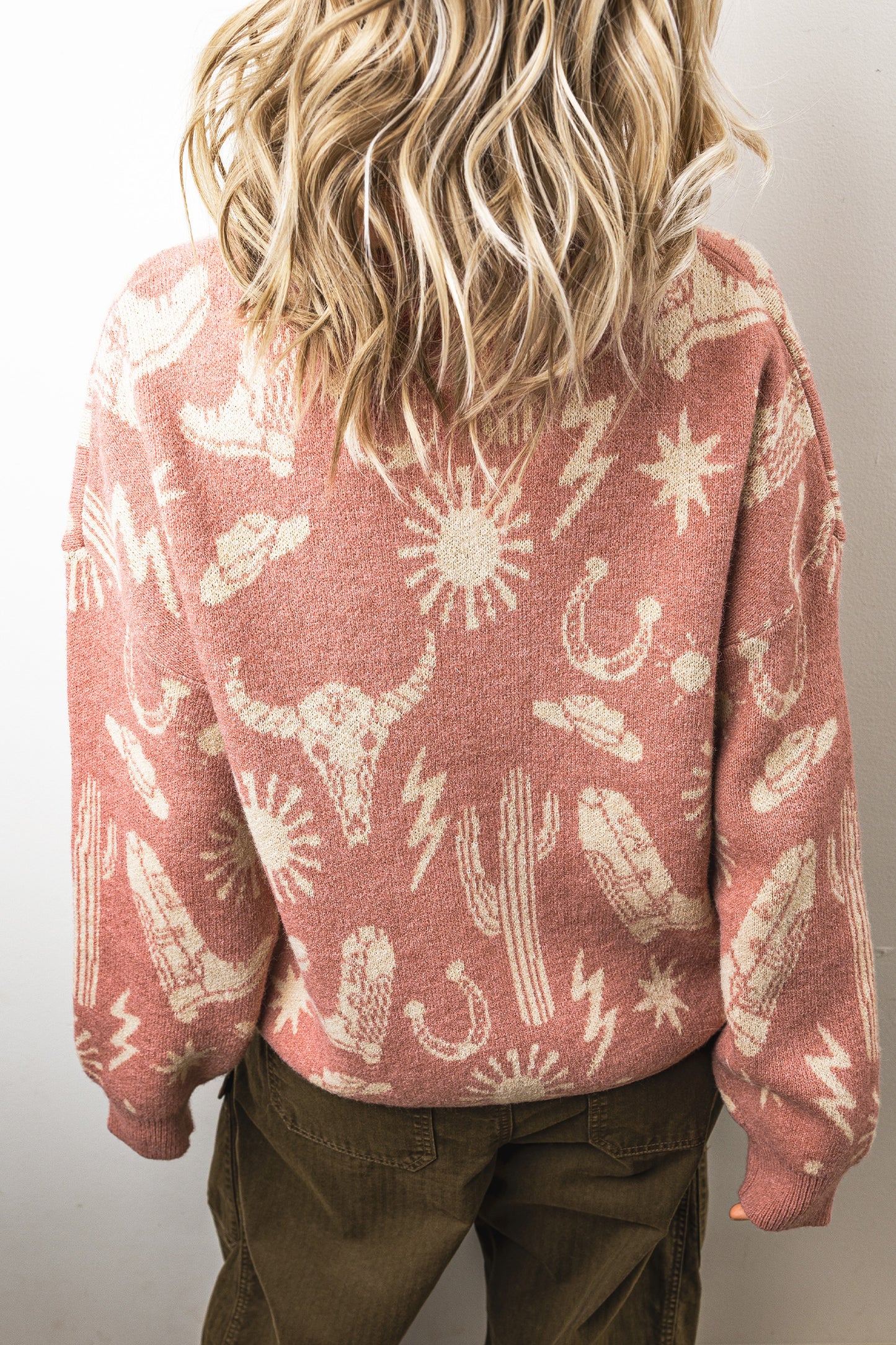 Western Celestial Print Oversized Crew Neck Sweater
