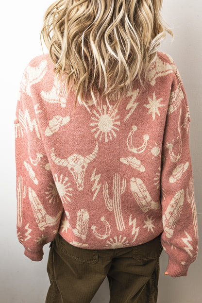 Western Celestial Print Oversized Crew Neck Sweater
