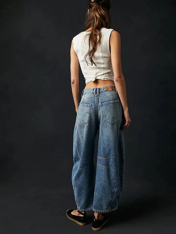 Leopard Print Washed Denim Barrel Leg Jeans High Rise