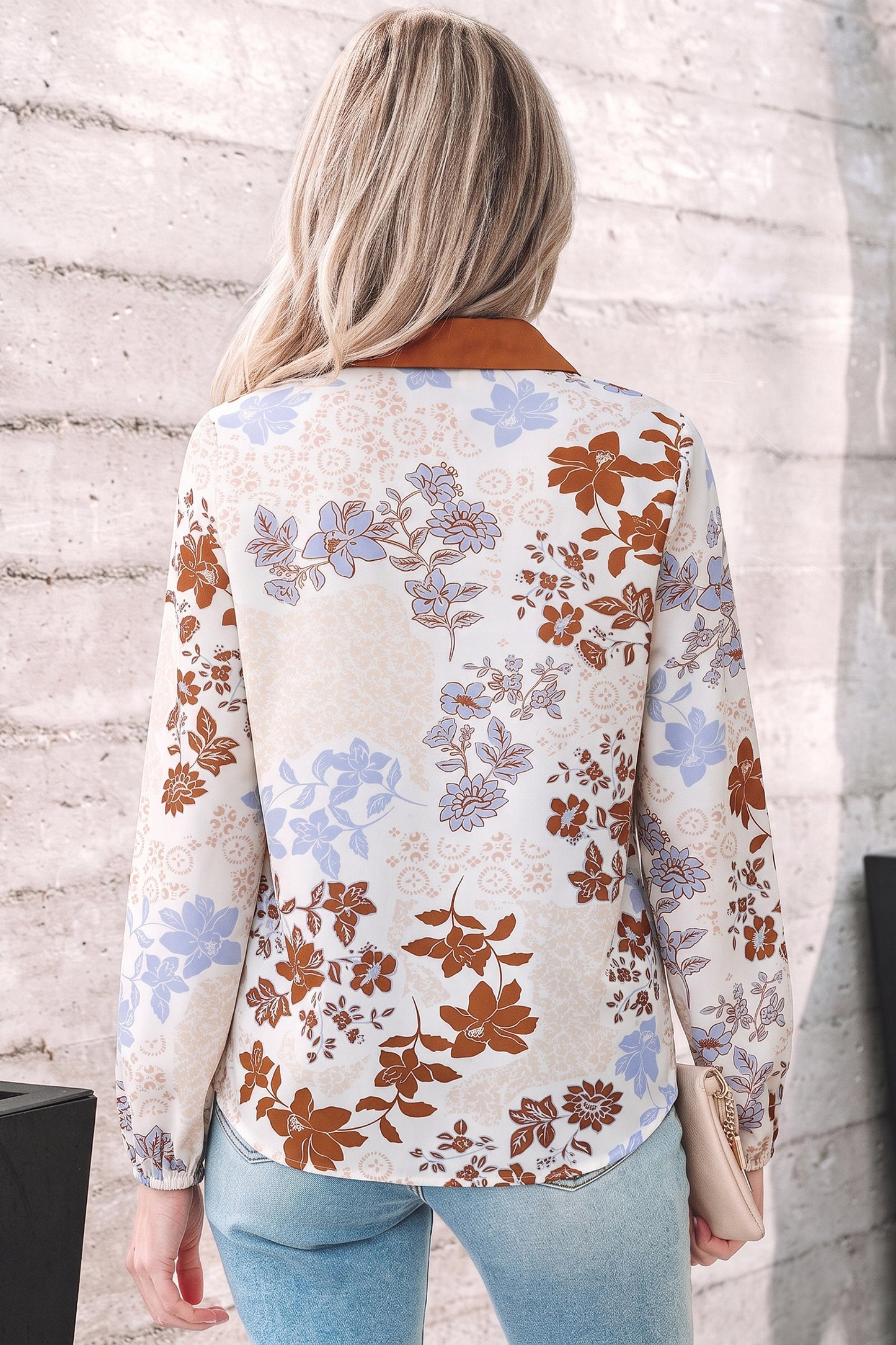 Ivory Floral Print Colorblock V-Neck Long Sleeve Blouse