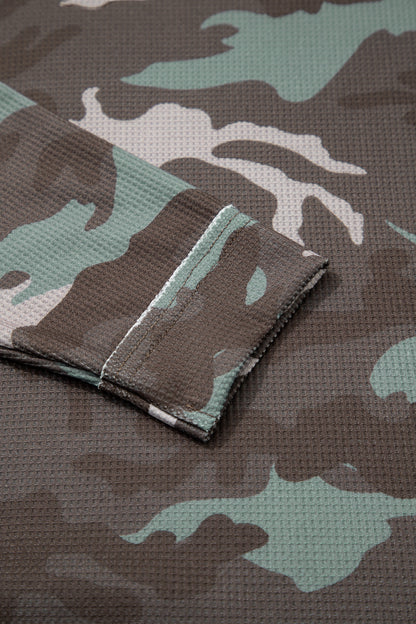 Green Camo Textured Drop Shoulder Long Sleeve Top