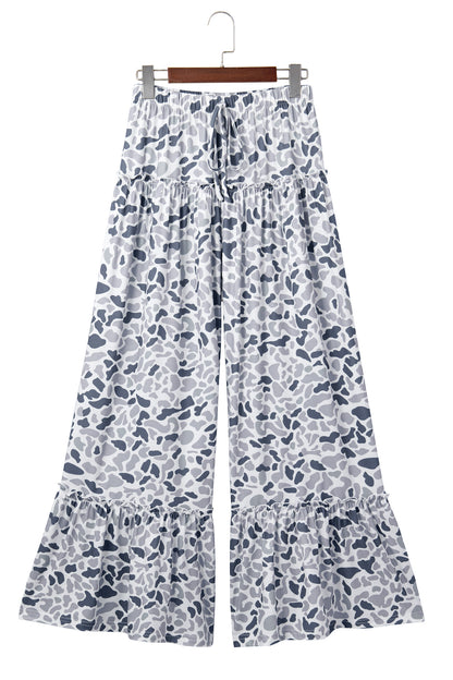 Boho Floral Wide Leg Pants High Waist Ruffle Hem